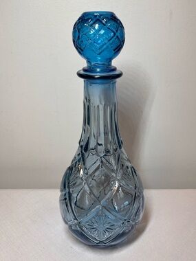 Vintage Blue Cut-Glass Decanter with Stopper. Unique. Decor. Collectible